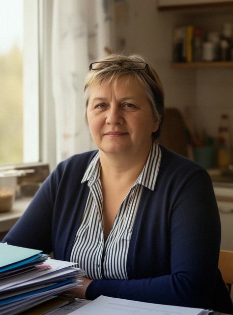 Beata Sowińska przy biurku z segregatorami