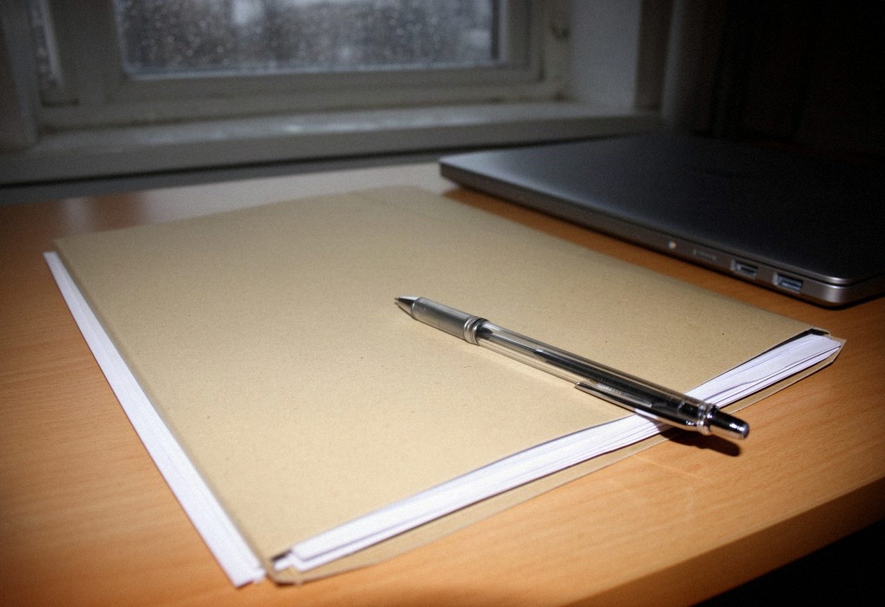 Zamknięta teczka z wydrukowanym CV i długopis na domowym biurku obok laptopa