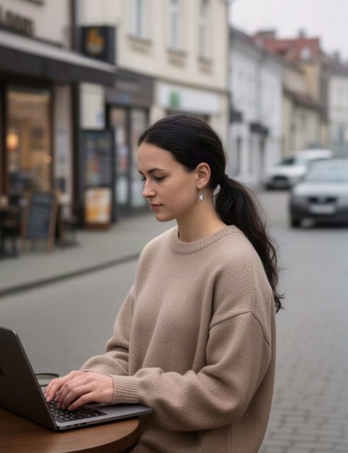 Natalia Dudek pracująca na laptopie w ogródku kawiarni