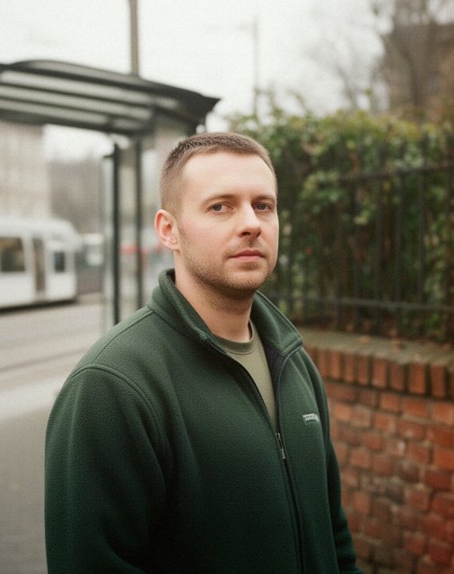 Paweł Rogala na ulicy przy przystanku tramwajowym